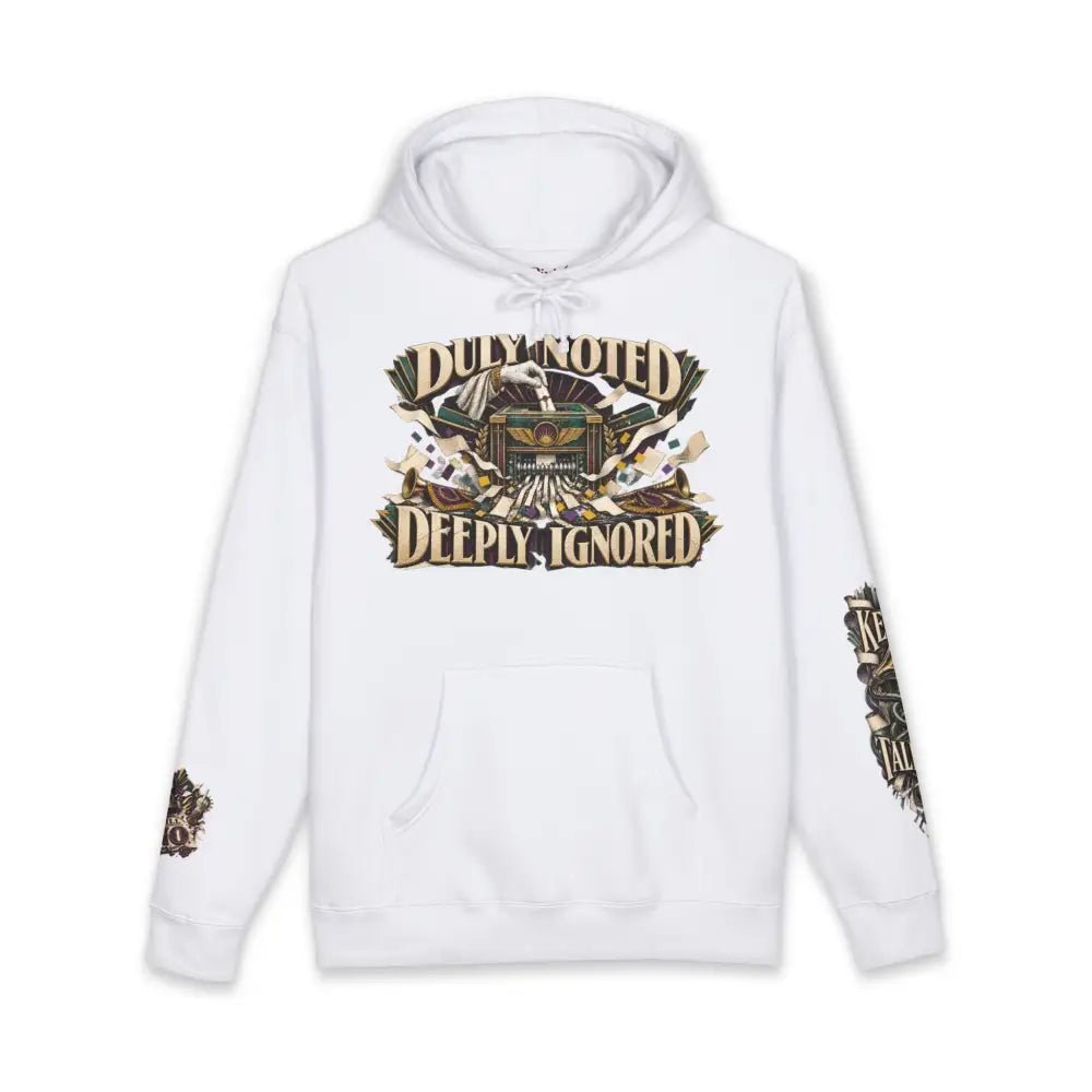 White unisex fleece-lined hood hoodie with ribbed cuffs featuring gothic graphic print duty noted deeply ignored