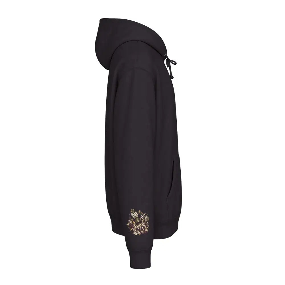 Unisex black hoodie with subtle embroidered design on left sleeve fleece-lined hood and ribbed cuffs