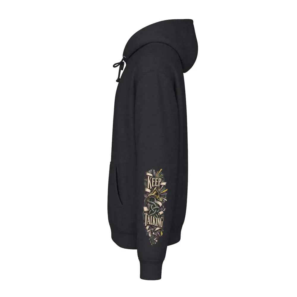 Unisex black hoodie with fleece-lined hood ribbed cuffs and detailed keep talking graphic on left sleeve