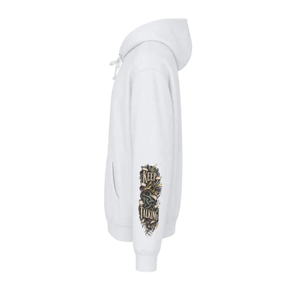 White unisex fleece-lined hoodie with keep talking graphic and gold black accents on left sleeve with ribbed cuffs