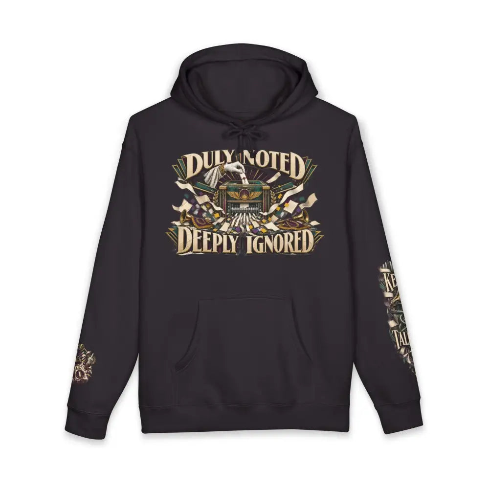 Black unisex fleece-lined hood hoodie with ribbed cuffs featuring deeply ignored gothic graphic in beige gold and green