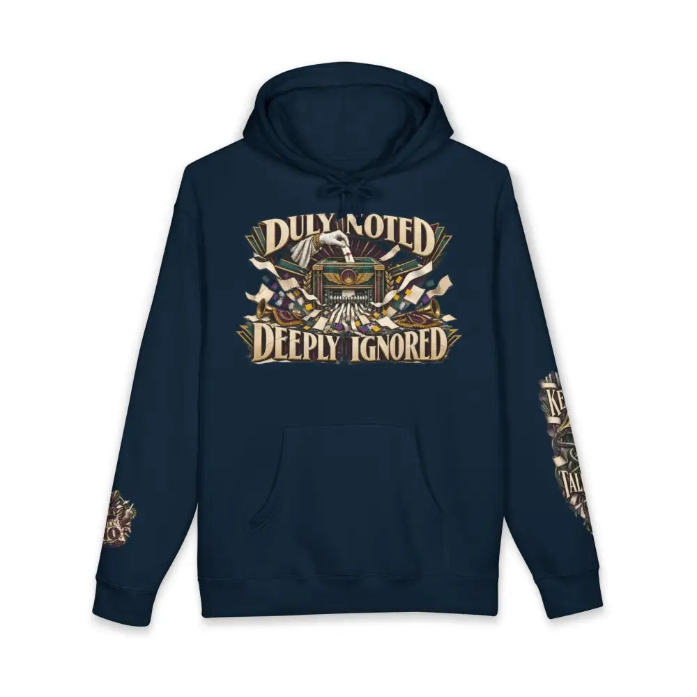 Navy blue unisex hoodie with fleece-lined hood ribbed cuffs and detailed deeply ignored gothic graphic print including sleeve designs