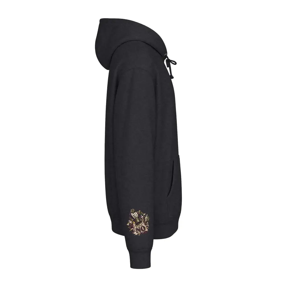 Unisex black hoodie with fleece-lined hood ribbed cuffs and subtle embroidered logo on the left sleeve