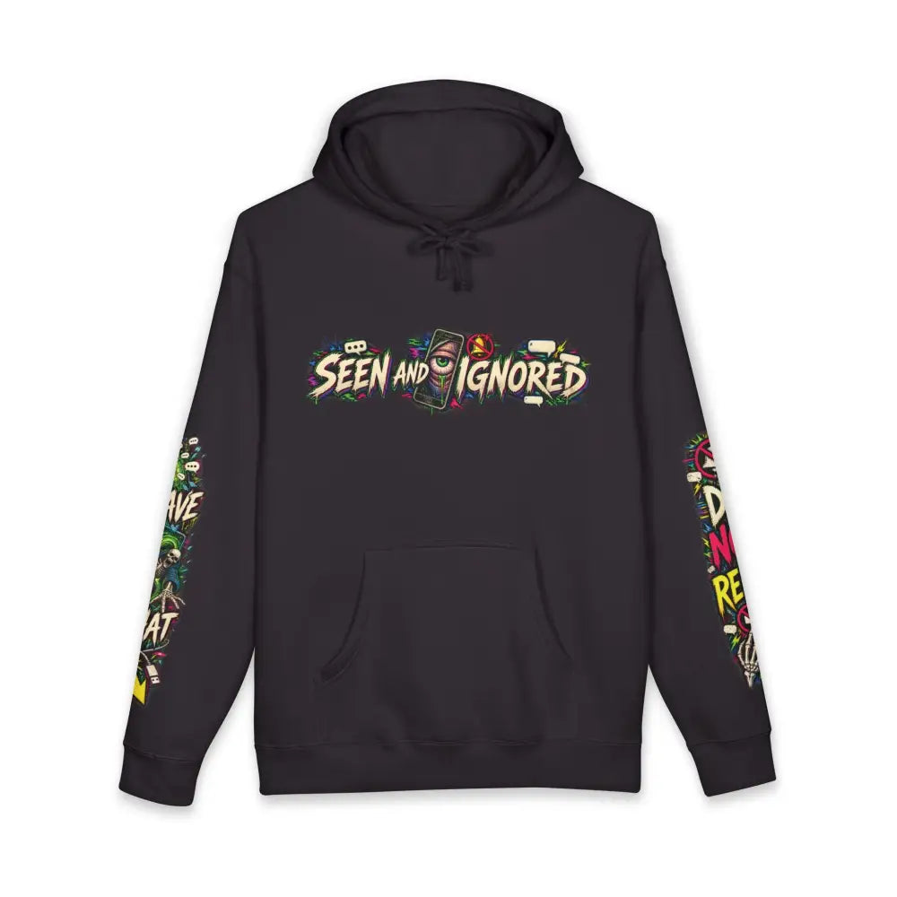 Black heavyweight hooded sweatshirt with vibrant graffiti style family group chat graphic and colorful sleeve designs