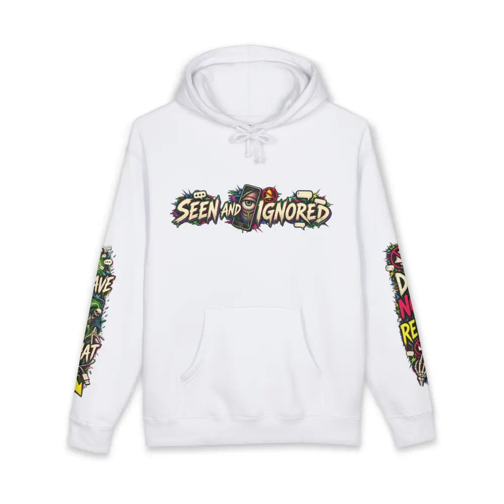 White heavyweight hooded sweatshirt featuring vibrant graffiti style family group chat muted for survival graphic and colorful sleeves