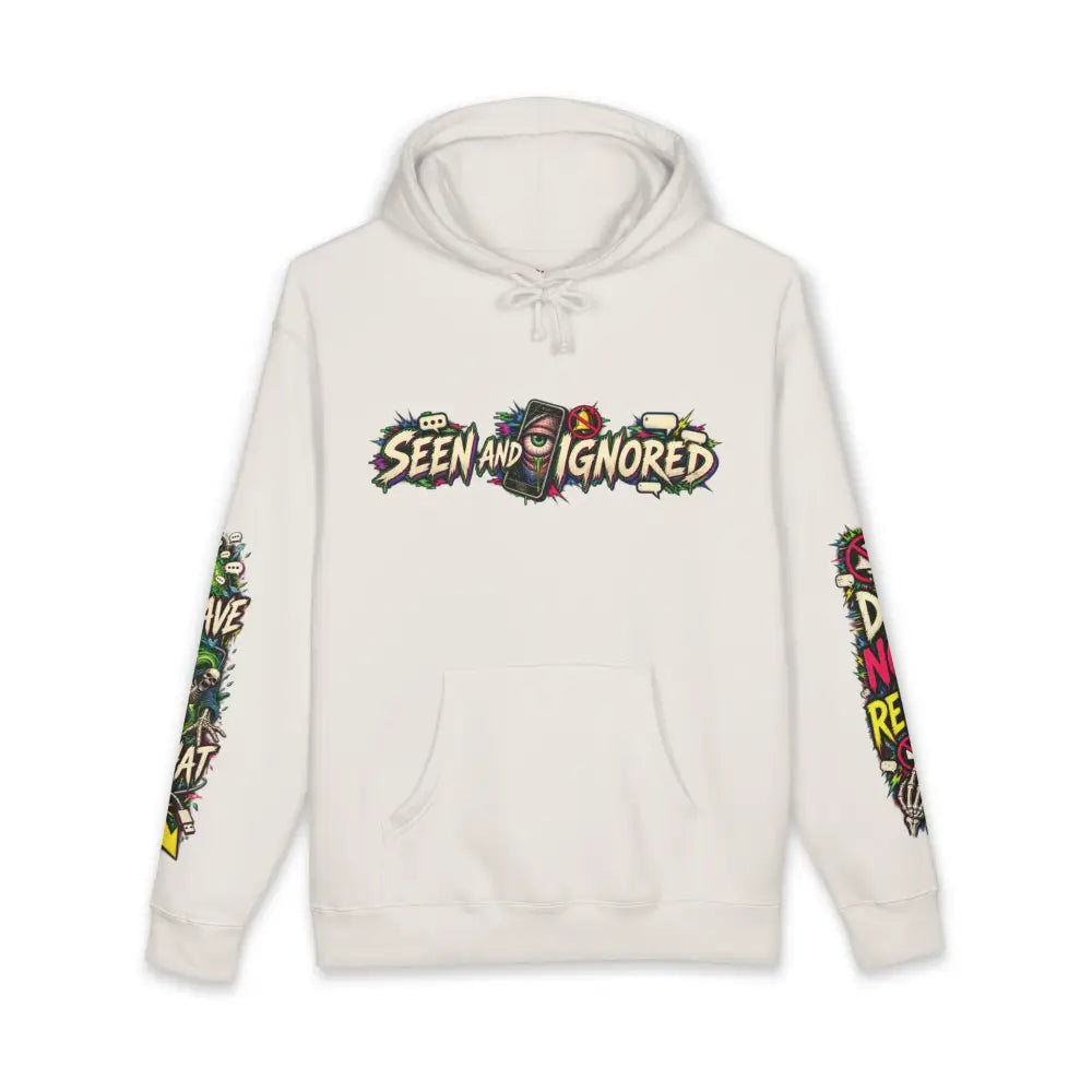 Off-white heavyweight hooded sweatshirt with vibrant seen and ignored graphic and colorful sleeves from family group chat design