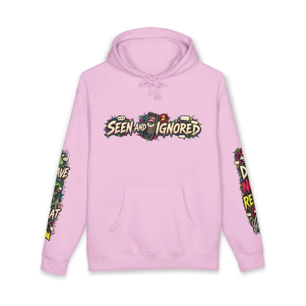 A soft pink unisex heavyweight hooded sweatshirt with bold graffiti style family group chat graphic and colorful sleeves