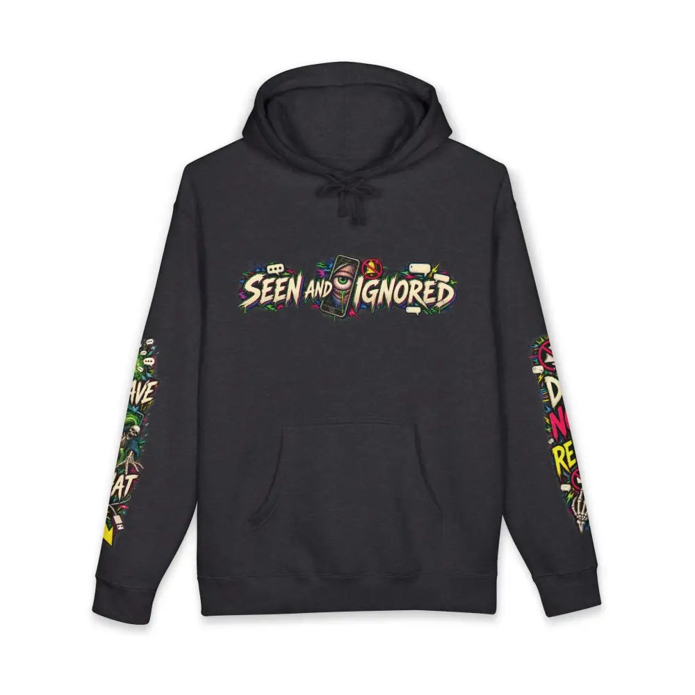 Black heavyweight hooded sweatshirt with vibrant graffiti style family group chat muted for survival graphic and colorful sleeves