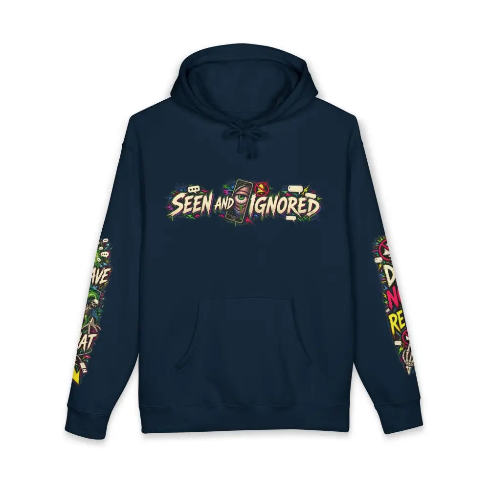 Dark navy blue heavyweight hooded sweatshirt with vibrant graffiti family group graphic and colorful sleeve accents