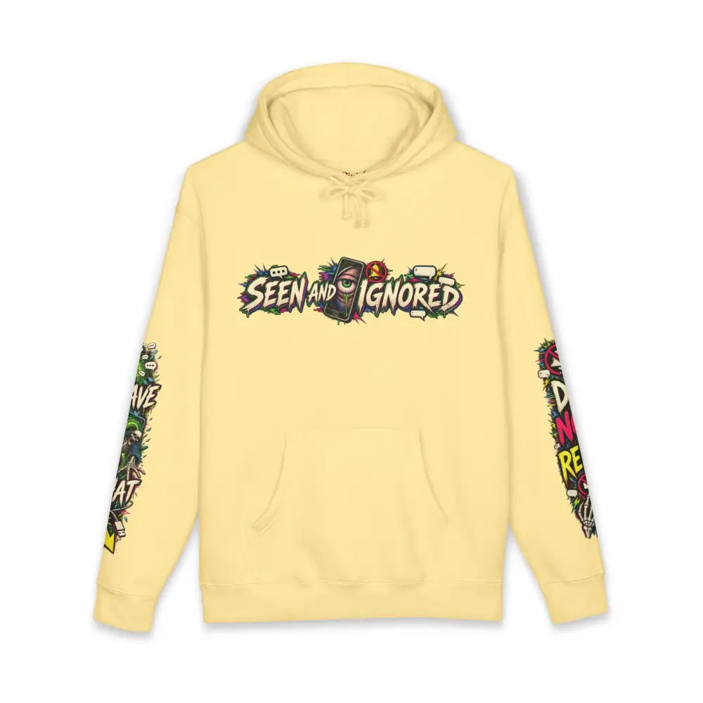 Unisex heavyweight hooded sweatshirt in pale yellow featuring vibrant graffiti style family group chat graphic and colorful sleeves