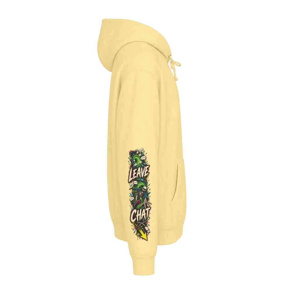 Unisex pale yellow heavyweight hooded sweatshirt with vibrant leave chat graphic on sleeve for family group use