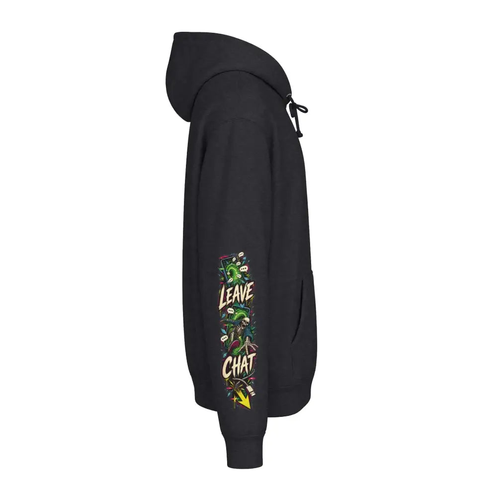 Black heavyweight hooded sweatshirt with vibrant green and yellow comic-style graphic on left sleeve for family group chat fans