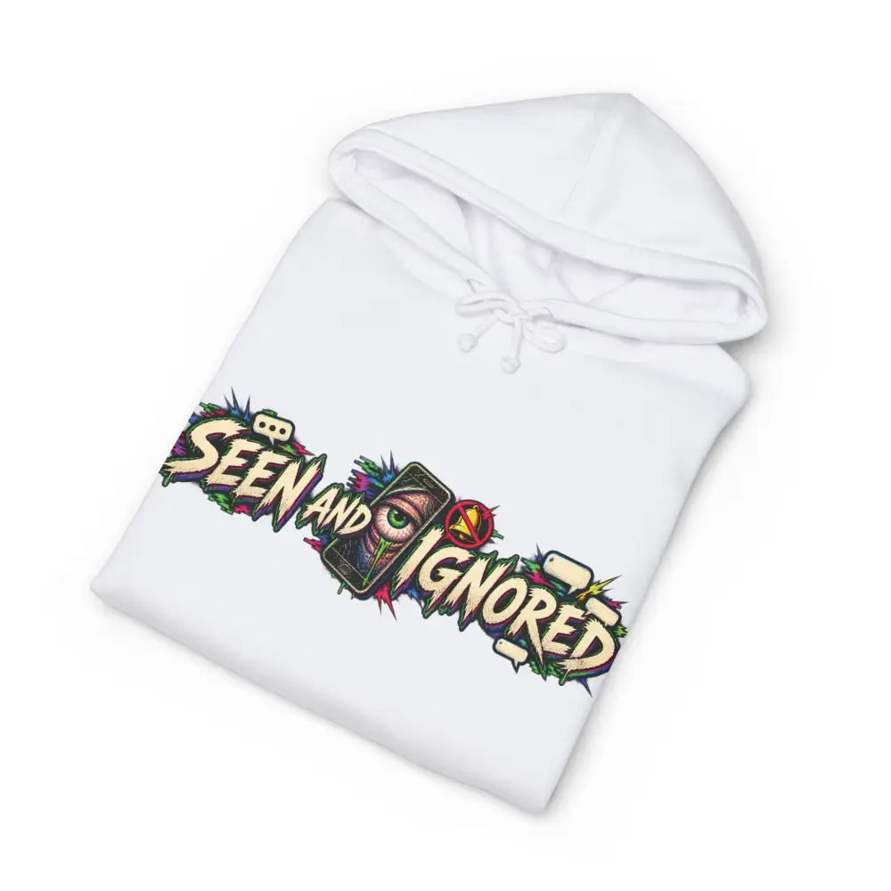 White heavyweight hooded sweatshirt with colorful seen and ignored graphic for family group chat style and gaming fans