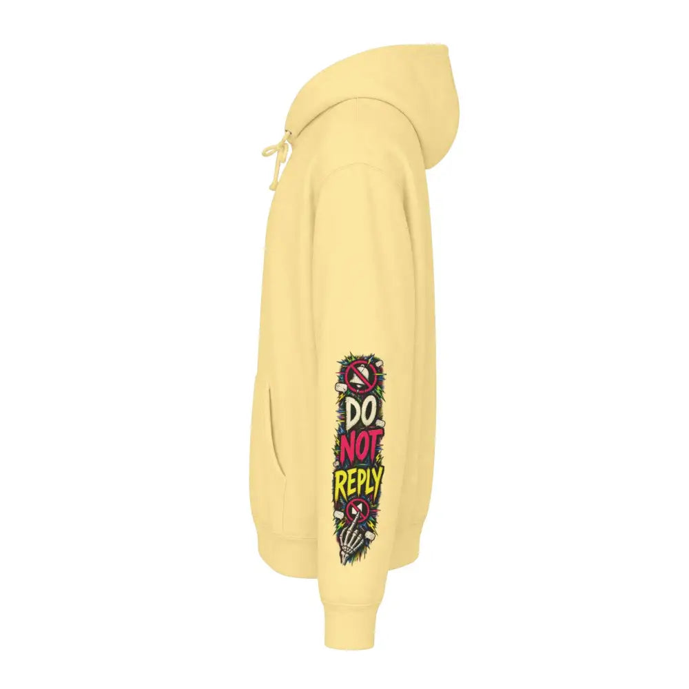 Pale yellow heavyweight hooded sweatshirt featuring a vibrant vertical do not reply graphic on the sleeve from family group chat design