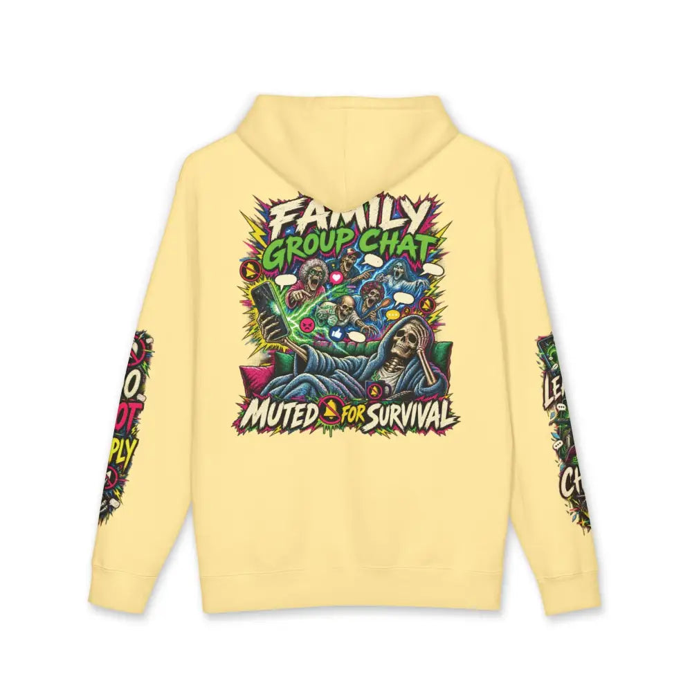 Pale yellow heavyweight unisex hooded sweatshirt with family group chat skeleton graphic muted for survival design