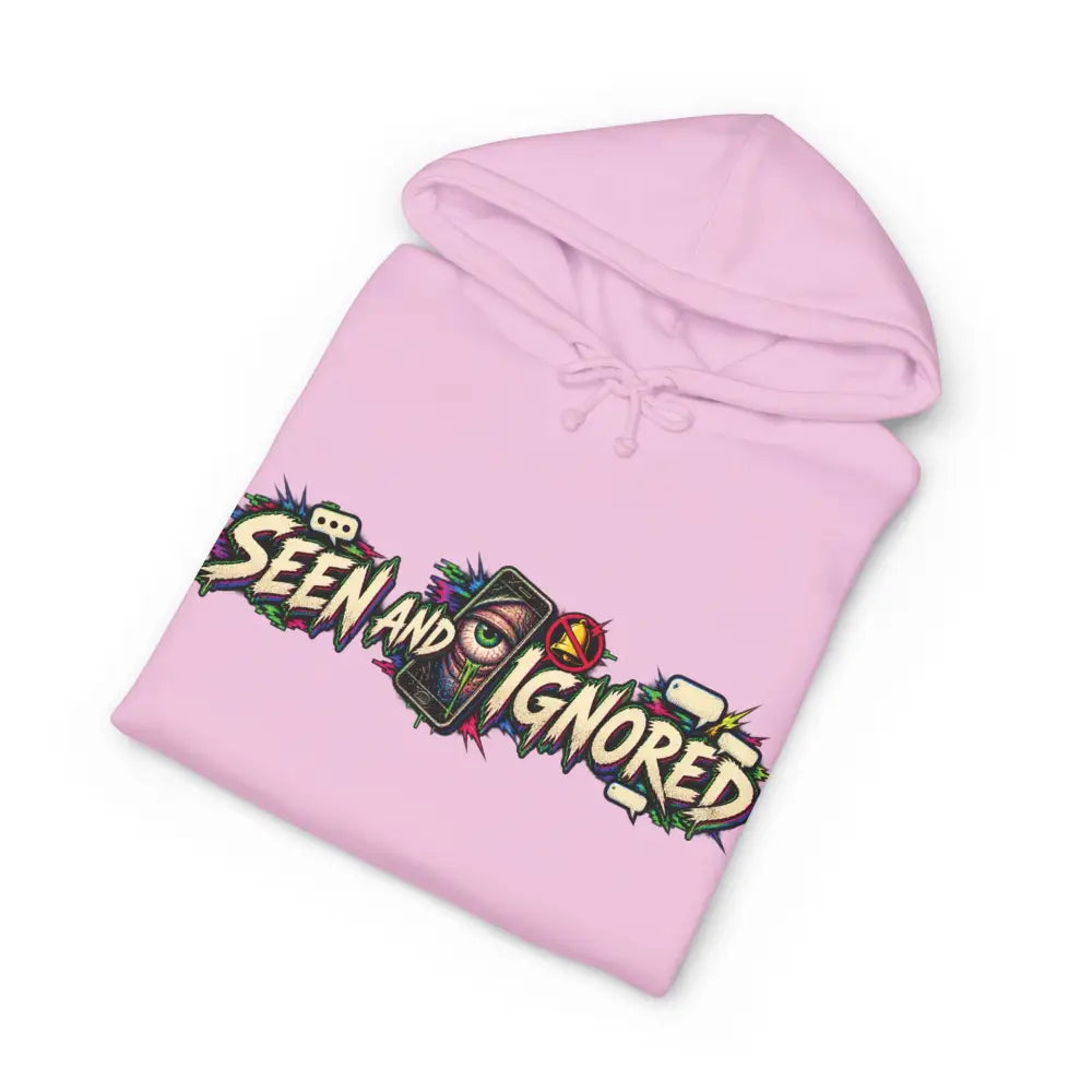 A soft pink heavyweight hooded sweatshirt with a vibrant family group chat graphic seen and ignored design