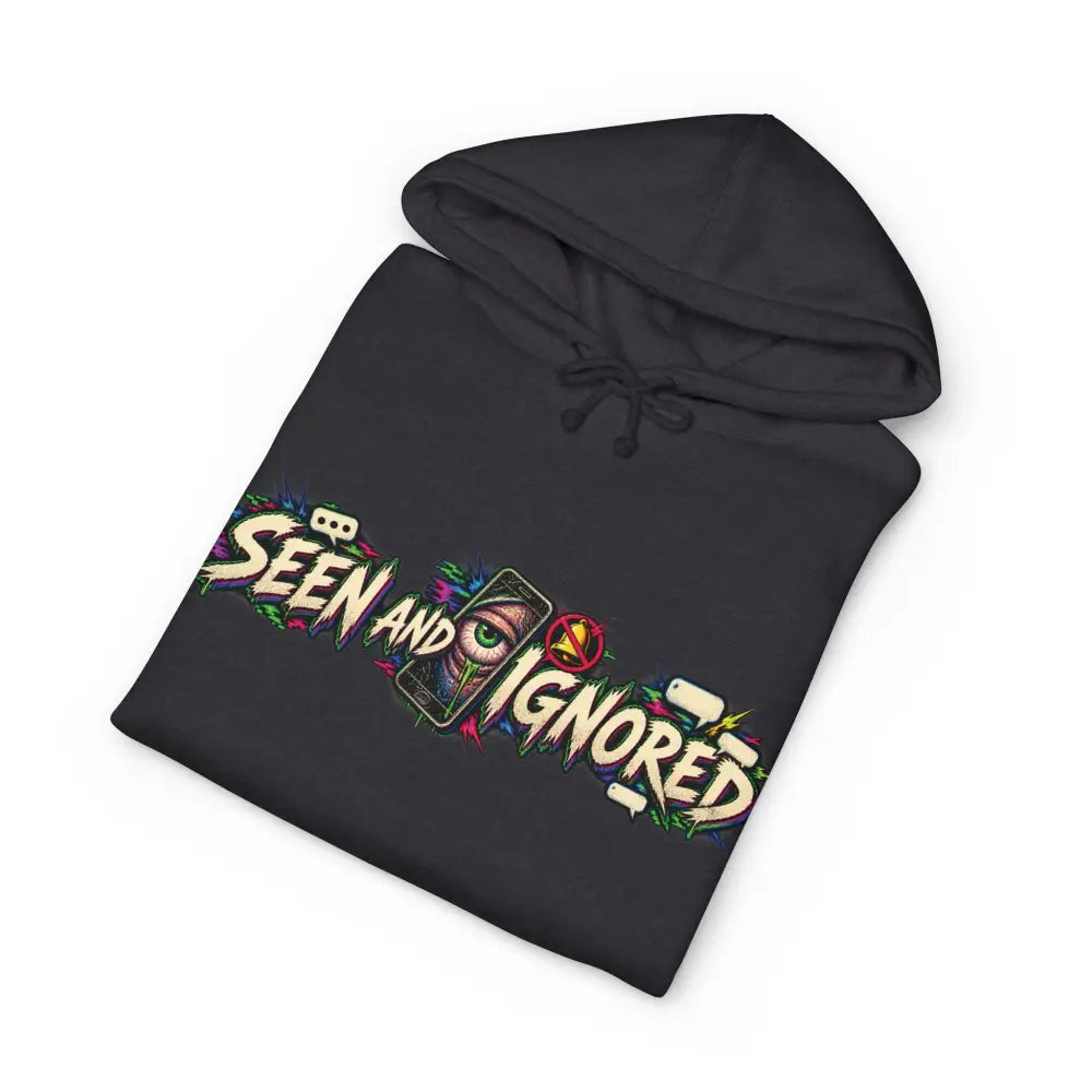 Black heavyweight hooded sweatshirt with vibrant graffiti style family group chat graphic featuring eye and phone design