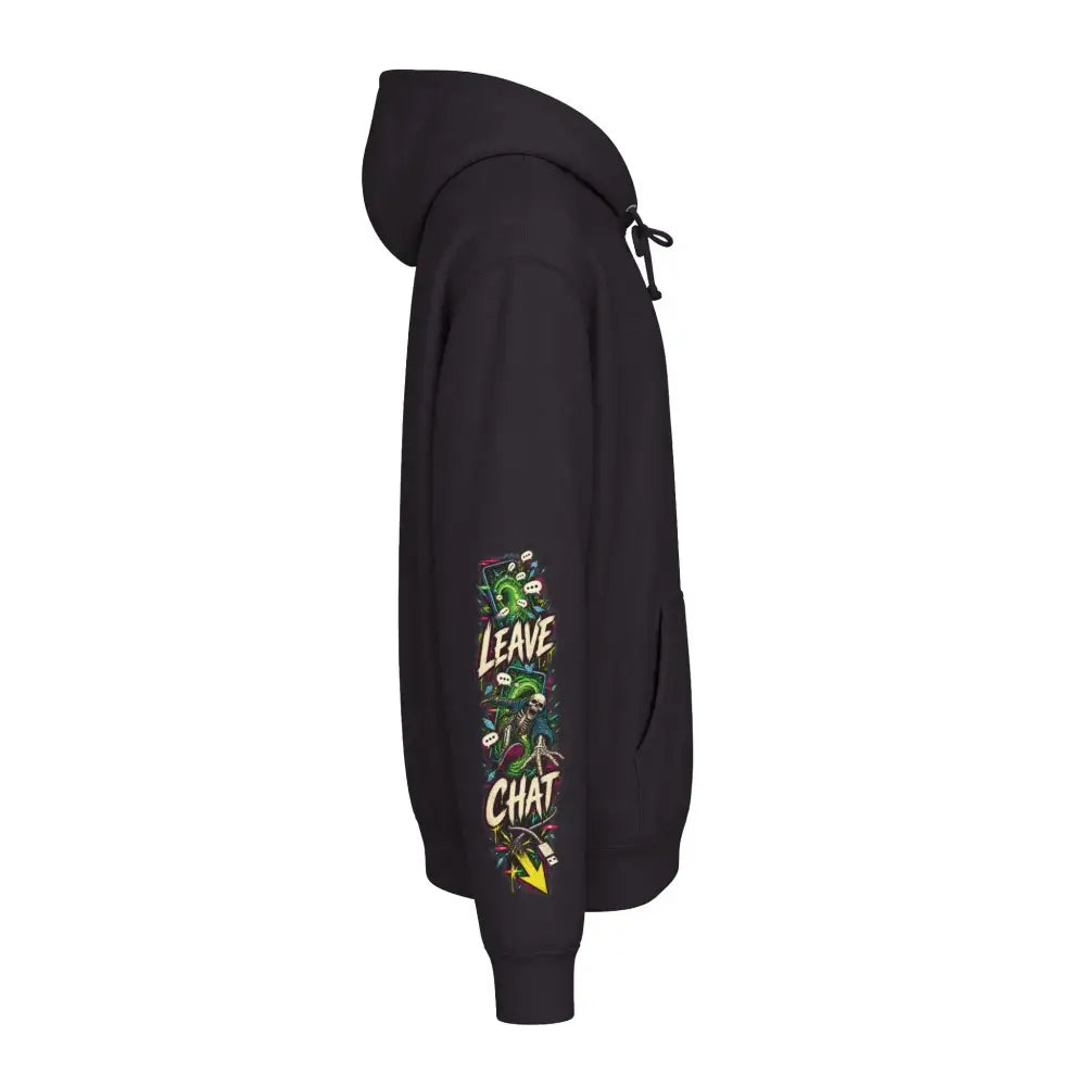 Black heavyweight unisex hoodie with vibrant leave chat graphic on left sleeve from family group chat pullover