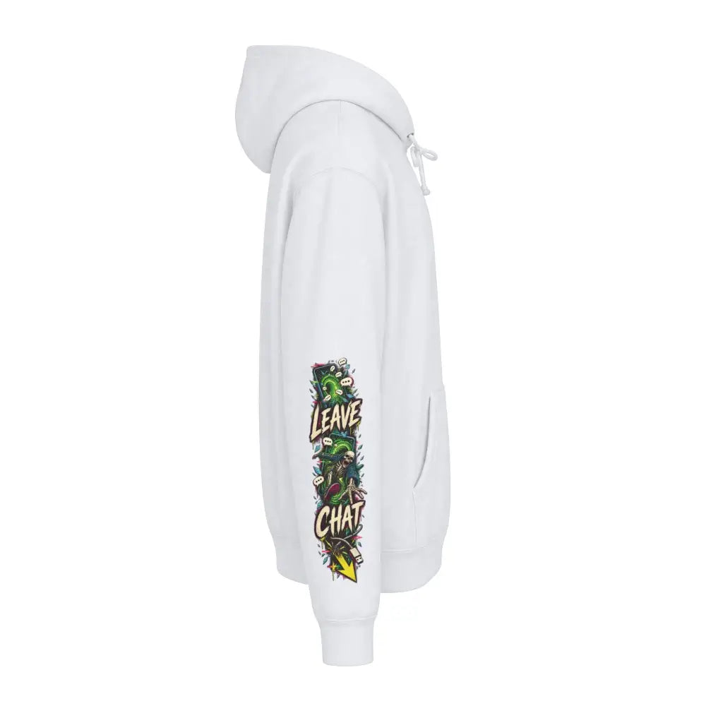 White heavyweight hooded sweatshirt with colorful leave chat graphic on the sleeve from family group chat pullover