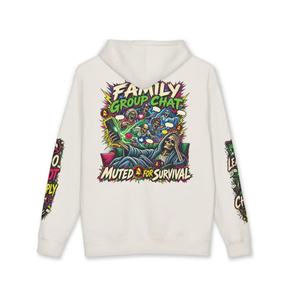 Off-white heavyweight hooded sweatshirt featuring a vibrant skeleton family group chat graphic and muted for survival text