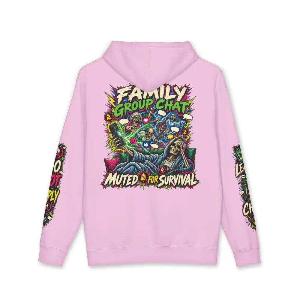 Pink heavyweight hooded sweatshirt featuring family group skeleton graphic with muted for survival text and matching sleeves