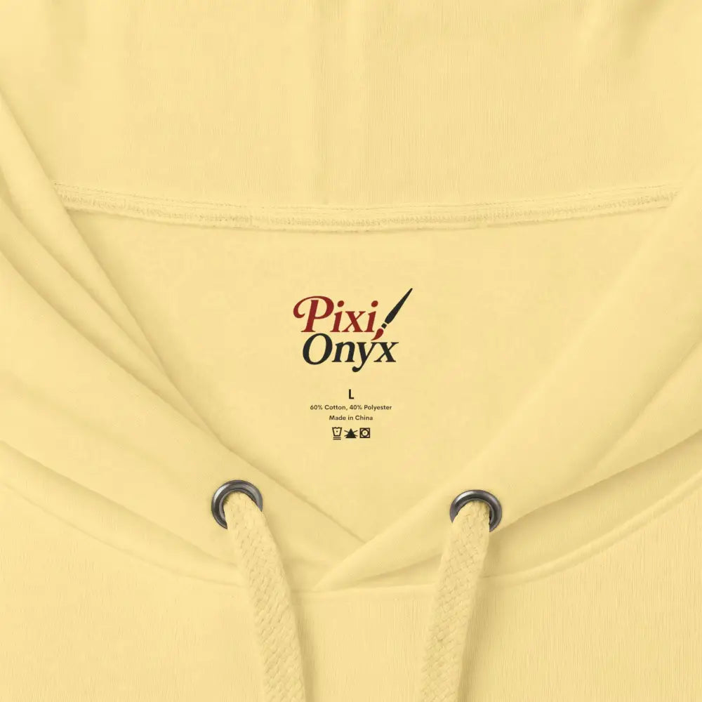 Pale yellow heavyweight hooded sweatshirt with soft textured fabric and matching drawstrings from family group chat collection