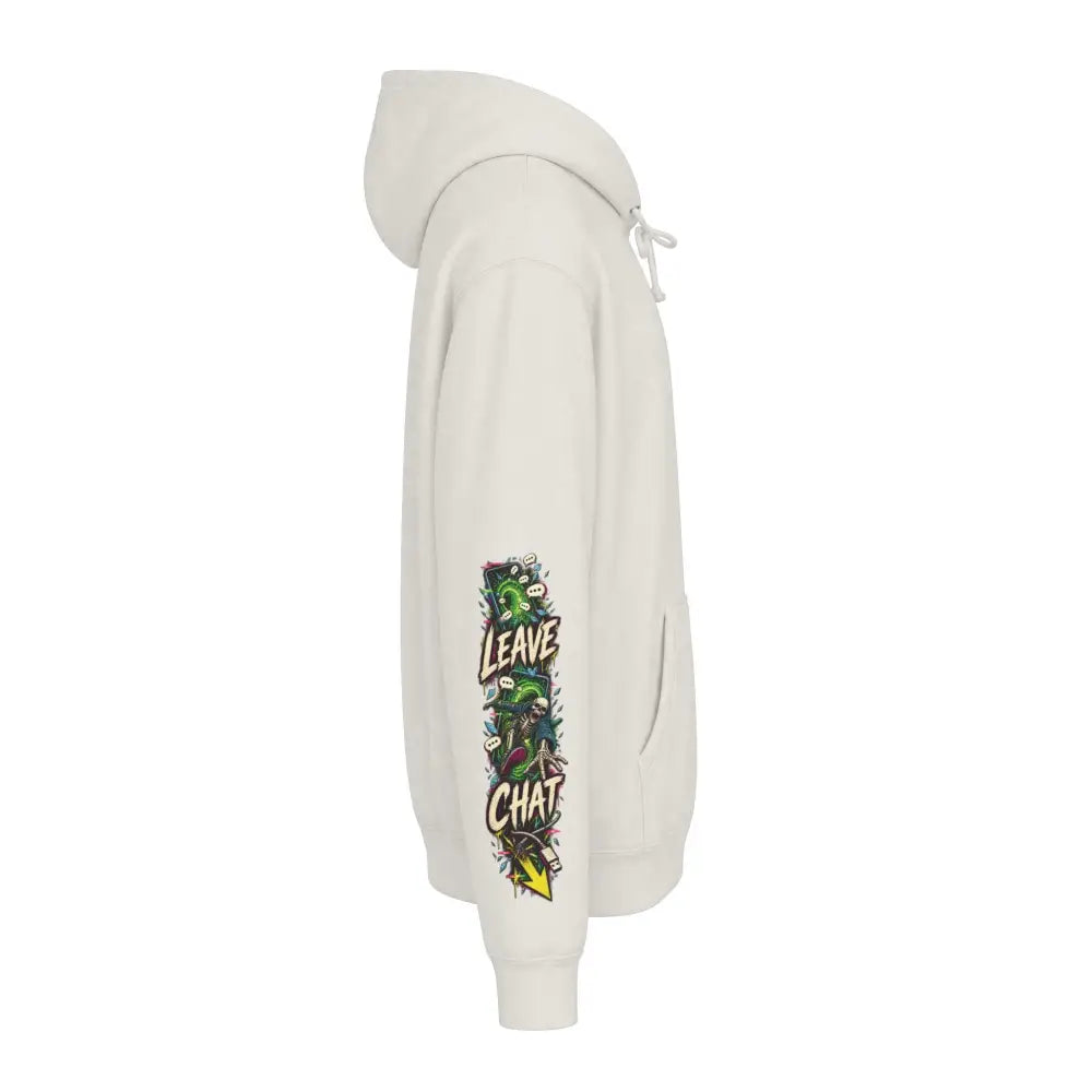 Cream-colored heavyweight hooded sweatshirt with vibrant family group chat graphic and leave chat text on left sleeve