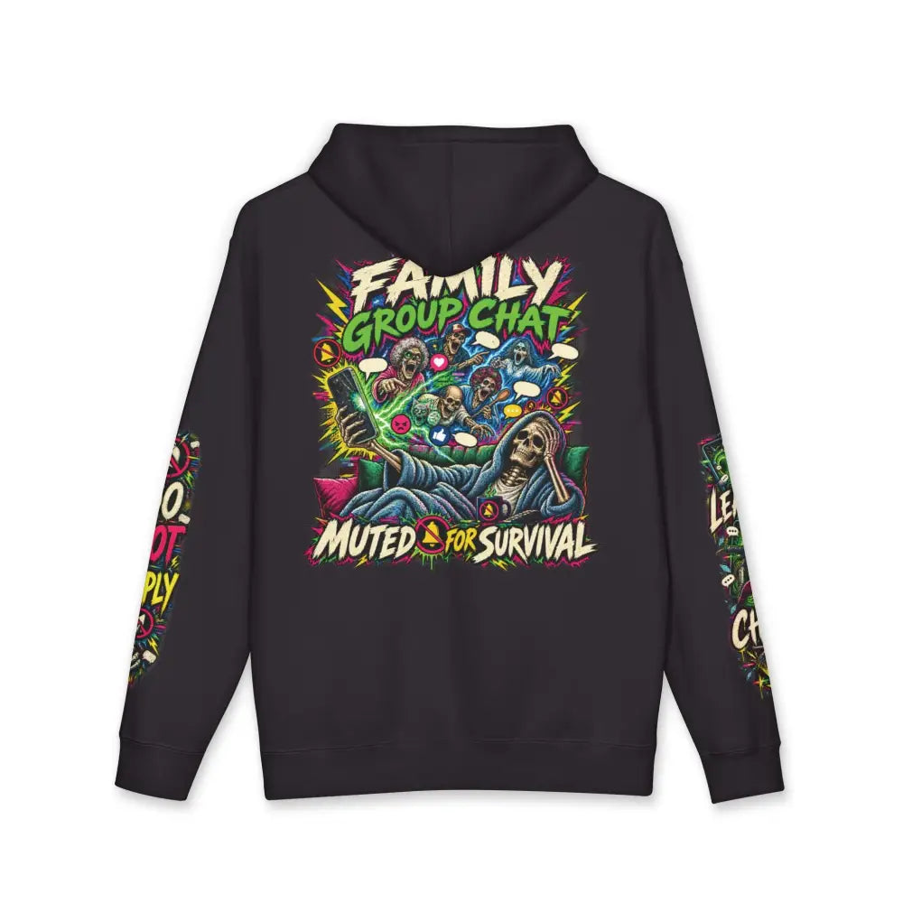 Black heavyweight hooded sweatshirt with vibrant family group chat graphic and muted for survival skeleton design
