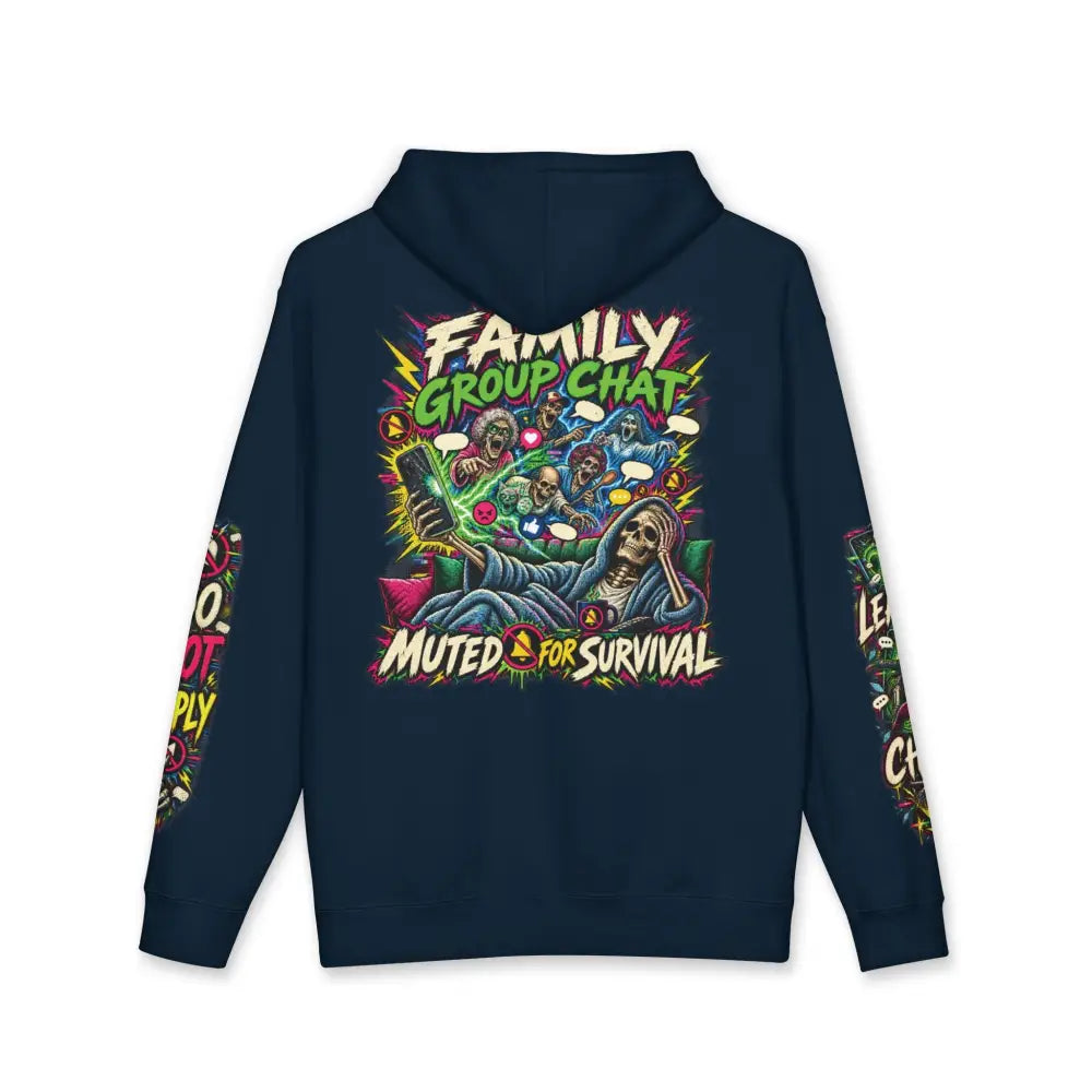 Navy blue heavyweight hooded sweatshirt with vibrant skeleton graphic and family group chat muted for survival text design