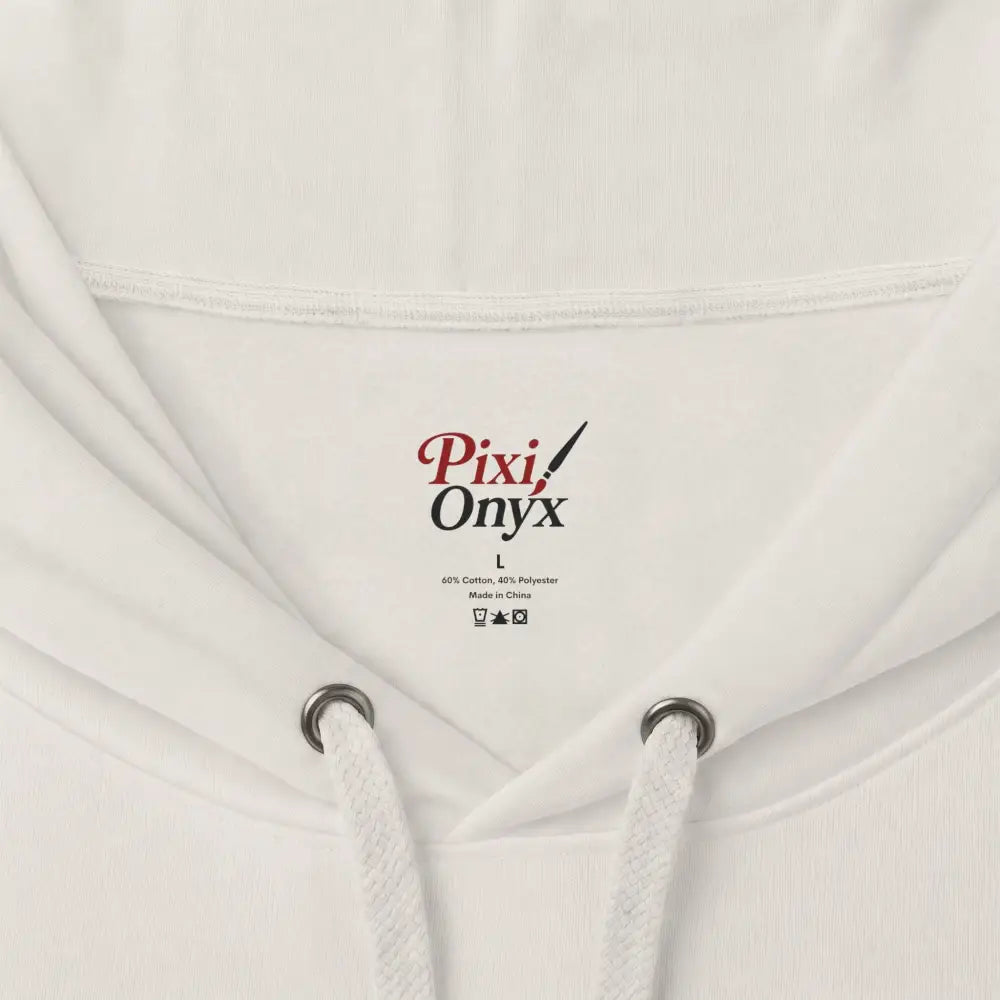 White pixi onyx unisex heavyweight hooded sweatshirt with silver metal eyelets and cotton polyester blend fabric featuring family group chat graphic