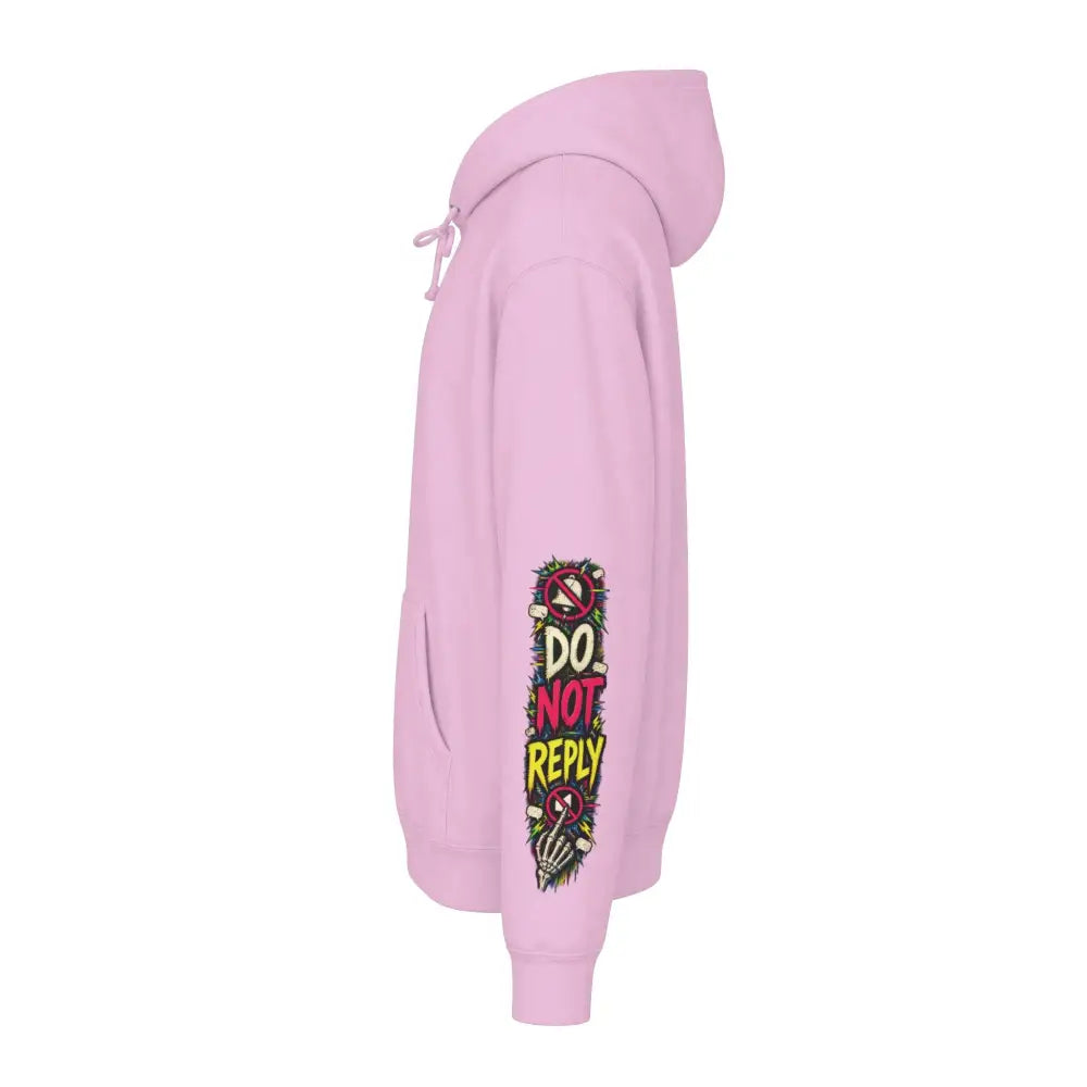A soft pink heavyweight hooded sweatshirt with vibrant do not reply graphic and skull motifs from the family group