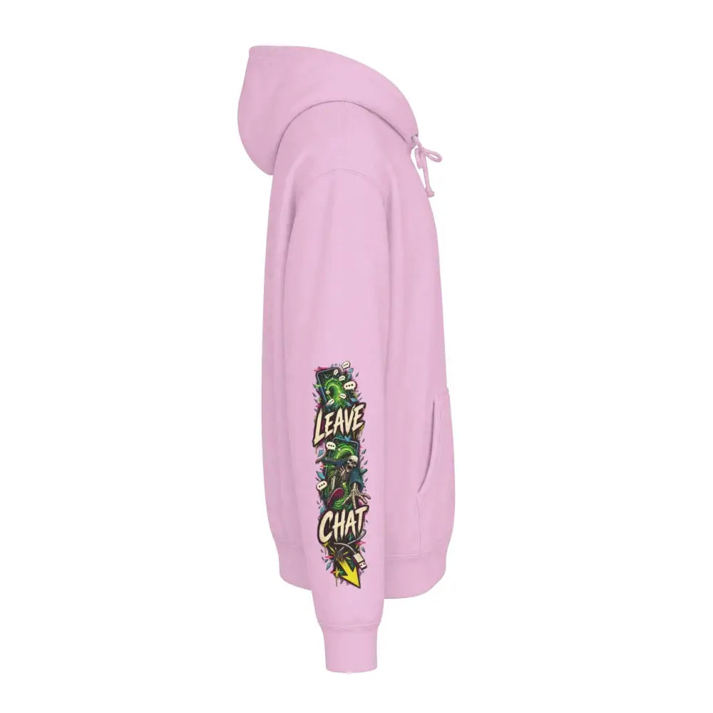 A soft pink heavyweight hooded sweatshirt featuring a vibrant cartoon-style family group graphic on the left sleeve