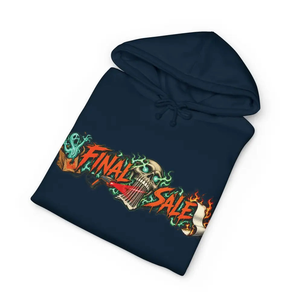 Dark navy unisex hoodie with vibrant final sale skull flames graphic channels dark-humor roadside charm in bagging area