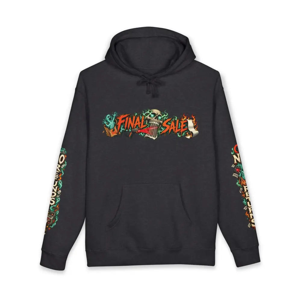 Black unisex hoodie featuring vibrant final sale skull and flame graphics with colorful sleeve designs channels dark-humor roadside charm in bagging area