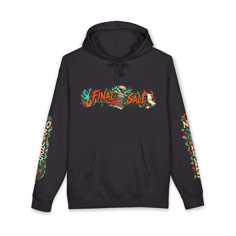 Black unisex hoodie with vibrant final sale graphic featuring skull and harp motifs channels dark-humor roadside charm in bagging area