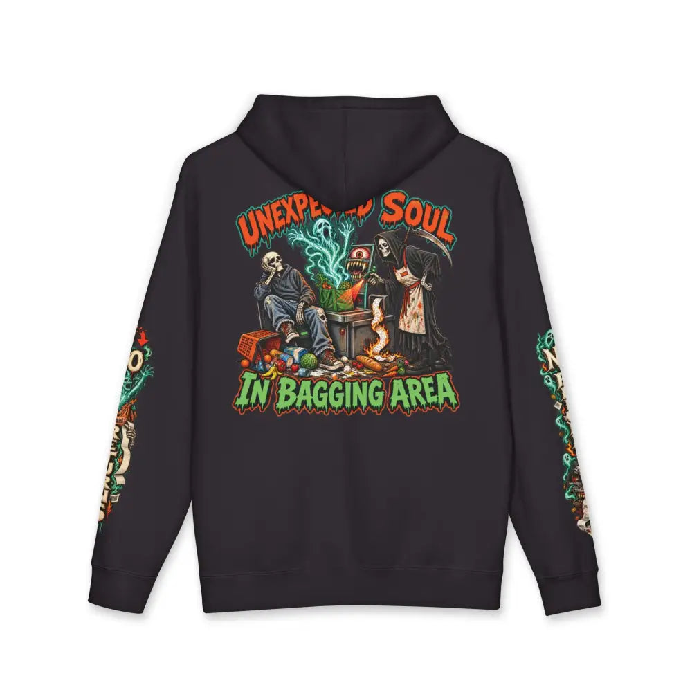 Black unisex hoodie with vibrant graphic and orange green text channels dark-humor roadside charm in bagging area