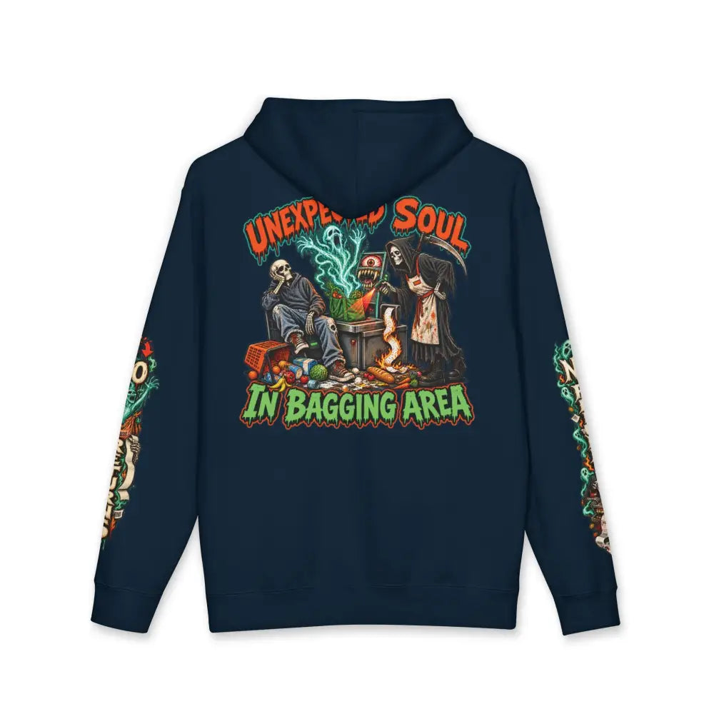 Dark navy blue unisex hoodie featuring vibrant skull graphic and unexpected soul in bagging area text with dark-humor roadside charm
