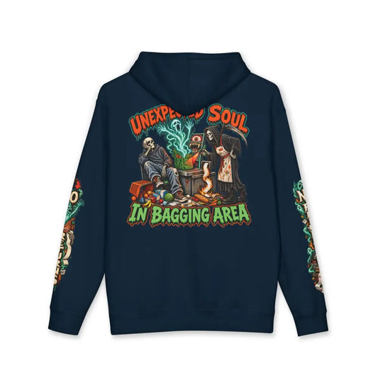 Dark navy blue unisex hoodie featuring vibrant skull graphic and unexpected soul in bagging area text with dark-humor roadside charm