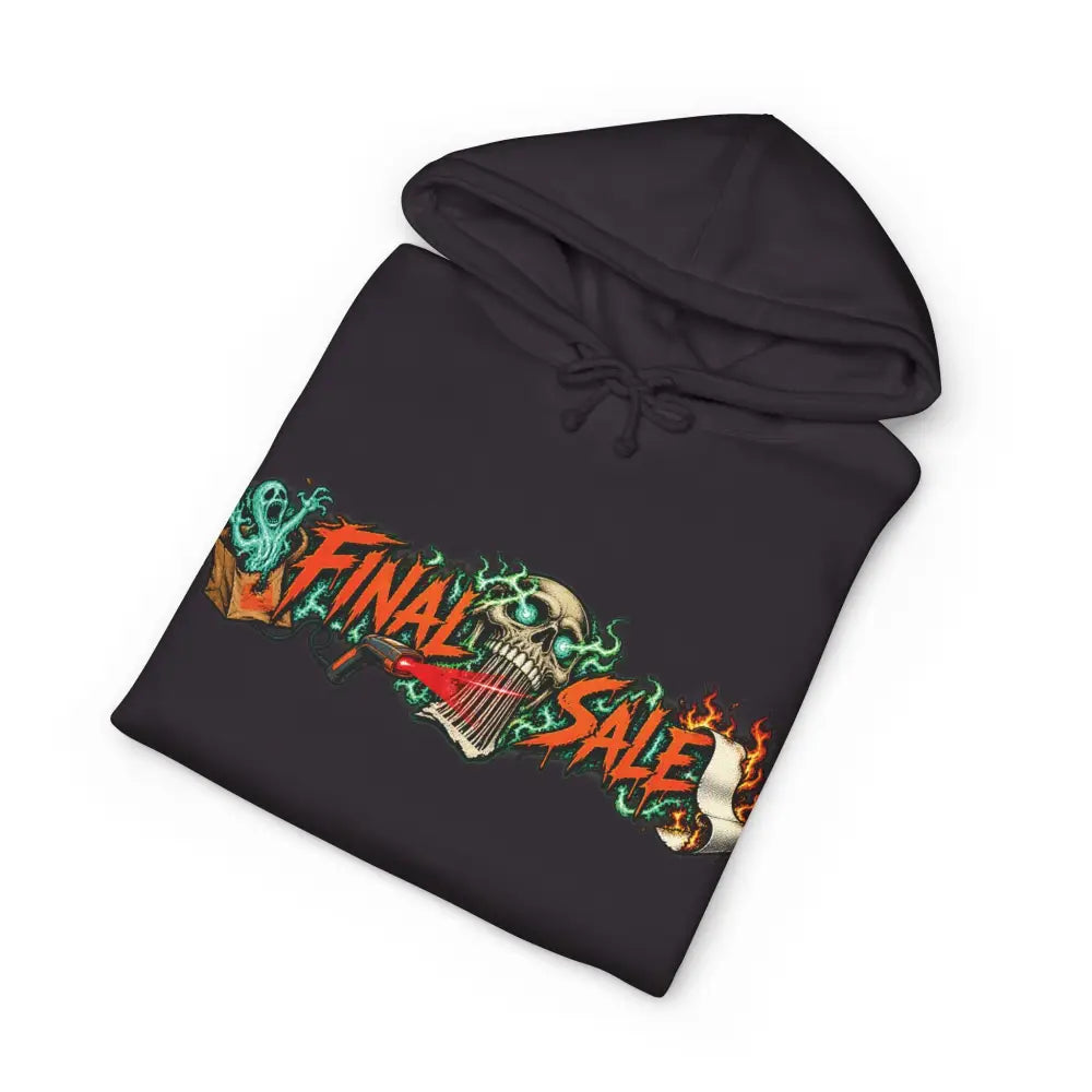 Black unisex hoodie featuring vibrant final sale graphic with skull flames and teal energy effects channels dark-humor roadside charm in bagging area