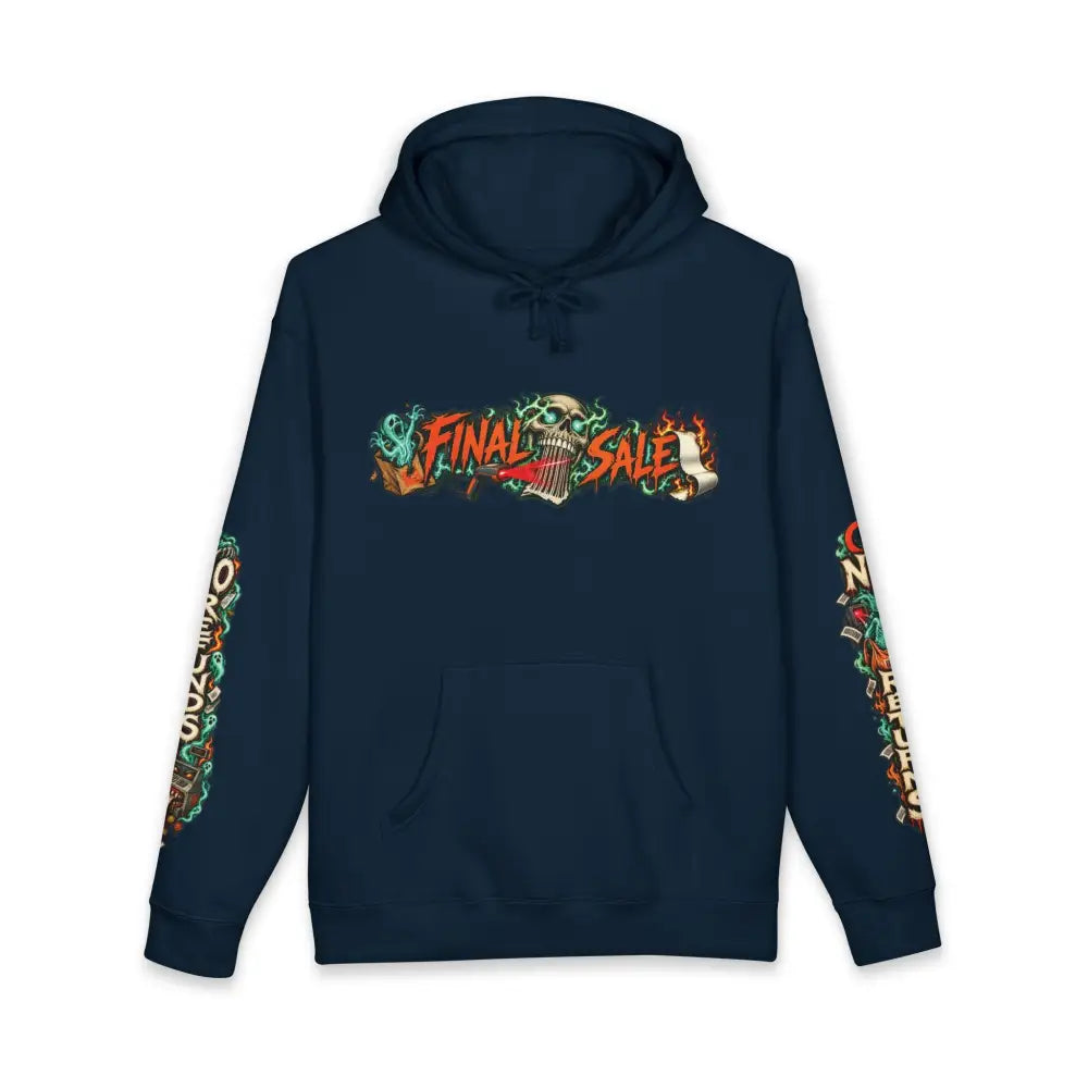 Dark navy blue unisex hoodie with vibrant final sale graphic featuring flames skulls and musical instruments channels dark-humor roadside charm in bagging area