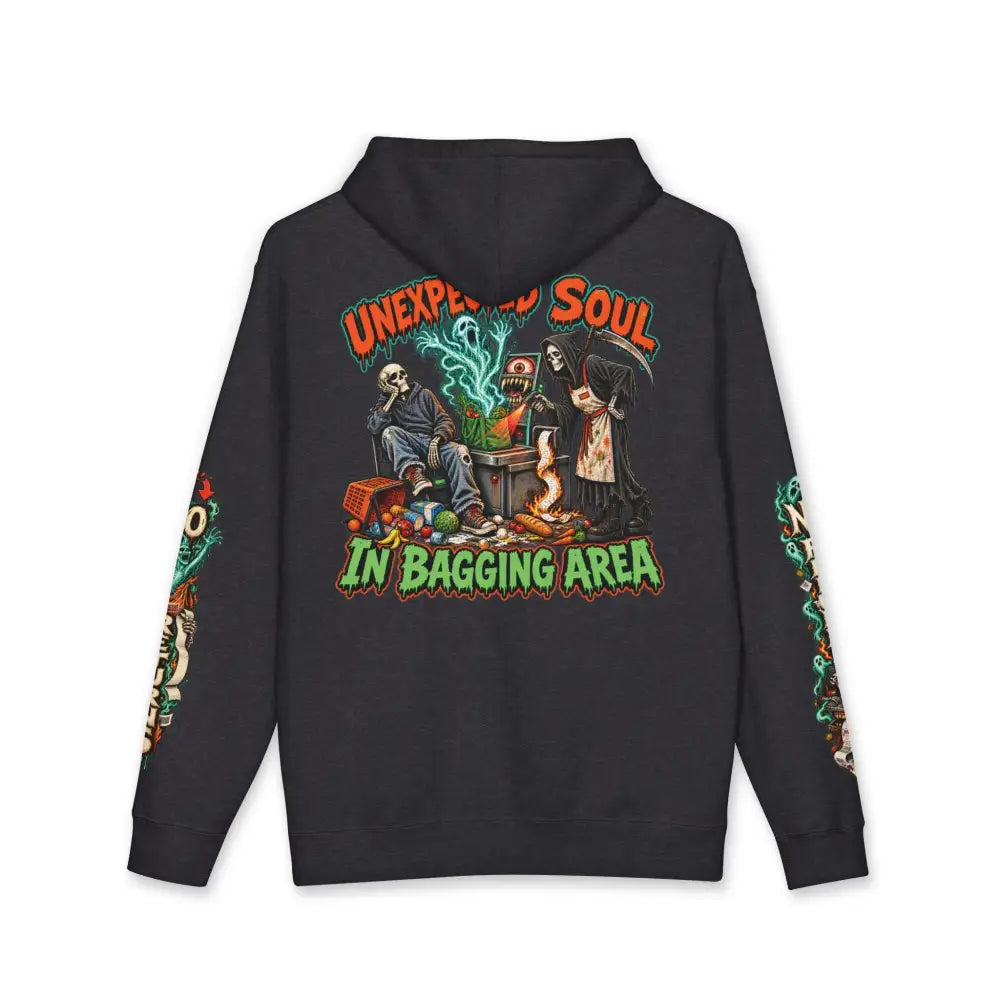 Black unisex hoodie with vibrant skeletal grim reaper graphic and bold orange green lettering channels dark-humor roadside charm in bagging area