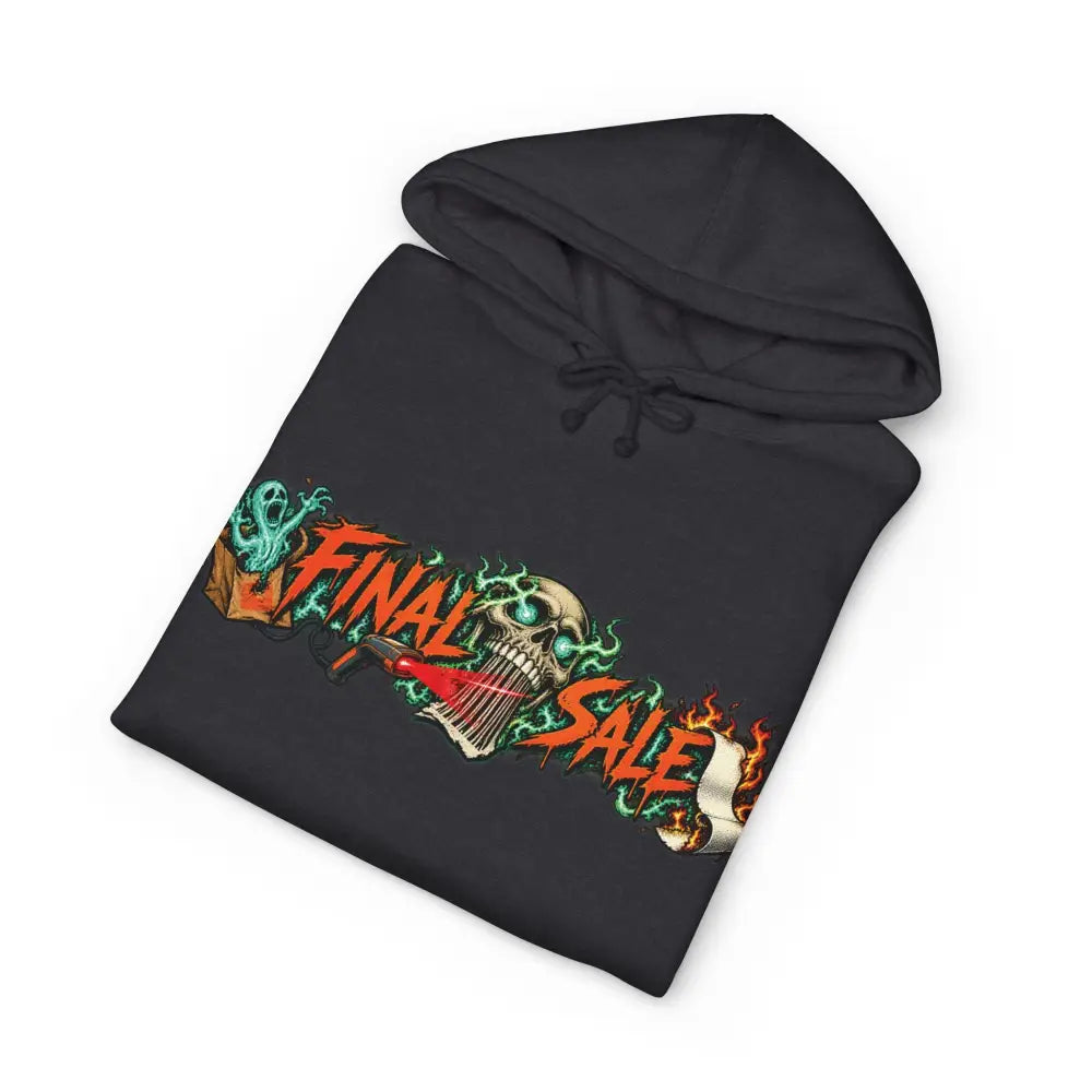 Black unisex hoodie with vibrant final sale skull flames and teal energy graphic channels dark-humor roadside charm bagging area