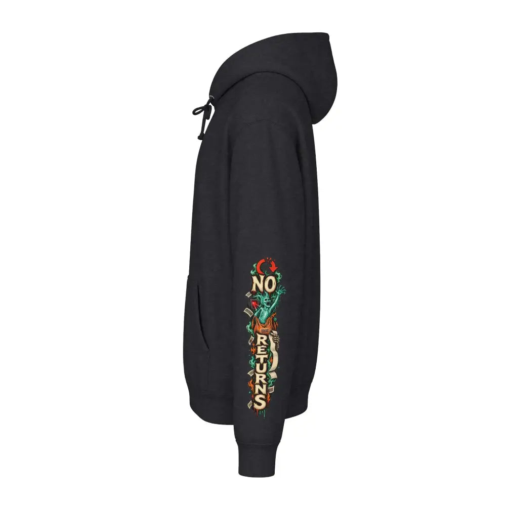 Black unisex hoodie with vibrant no returns graphic and colorful left sleeve illustrations channels dark-humor roadside charm