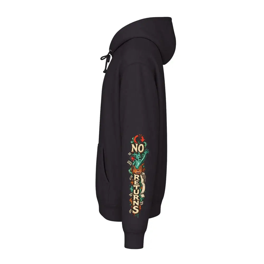 Black unisex hoodie with vibrant teal and orange no returns graphic on left sleeve channels dark-humor roadside charm