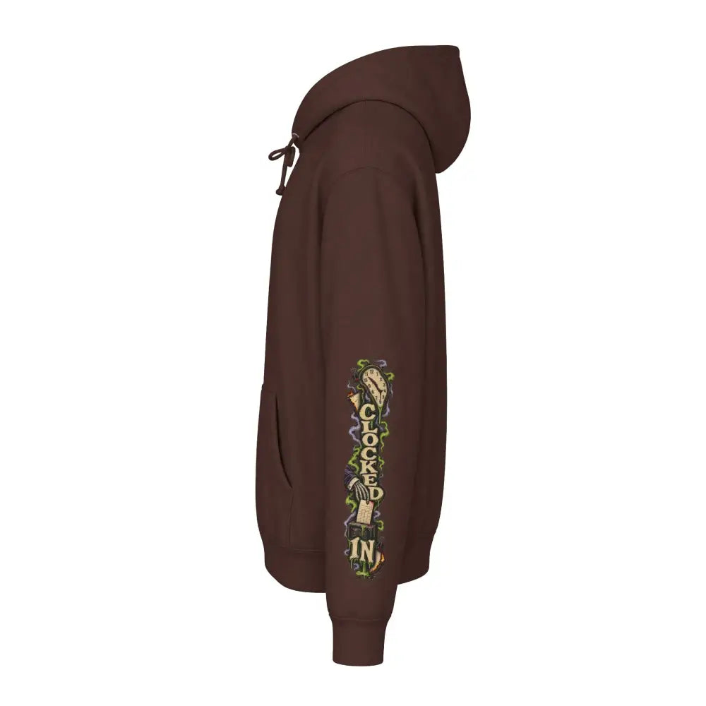 Brown heavyweight hooded sweatshirt with vertical colorful minimum morale graphic on left sleeve for dark humor fans