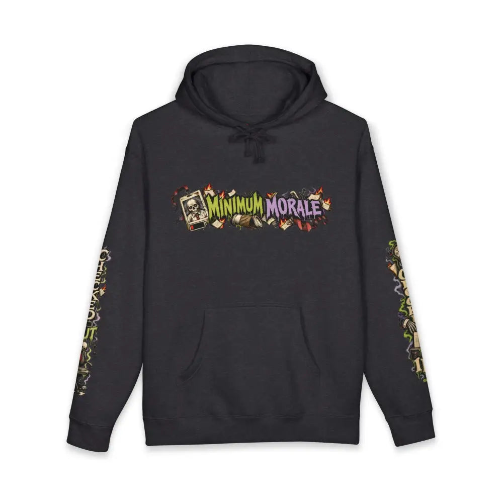 Black heavyweight hooded sweatshirt with vibrant minimum morale graphic on chest and matching sleeve designs for dark humor fans
