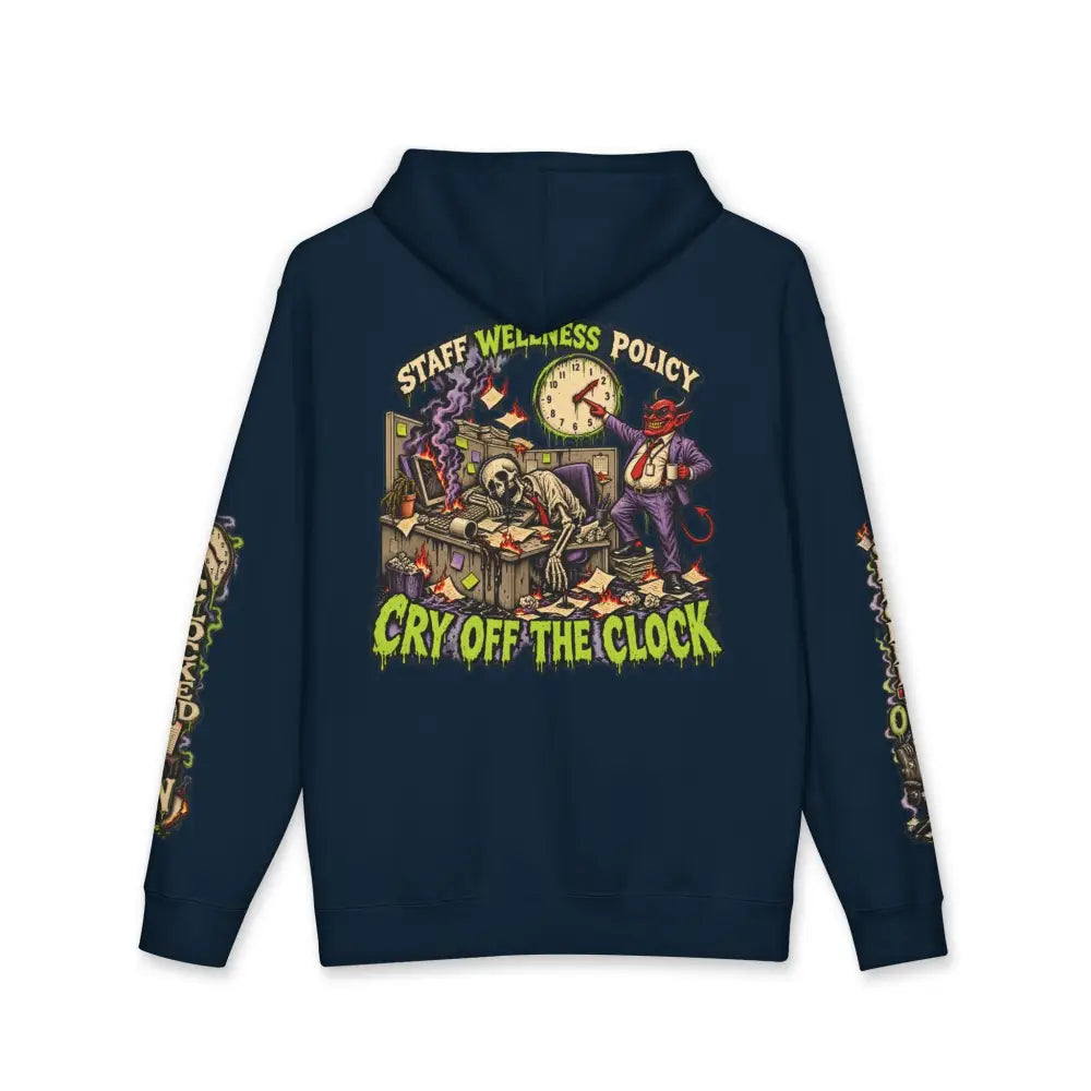 Dark blue heavyweight hooded sweatshirt featuring dark humor minimum morale graphic with staff wellness policy text