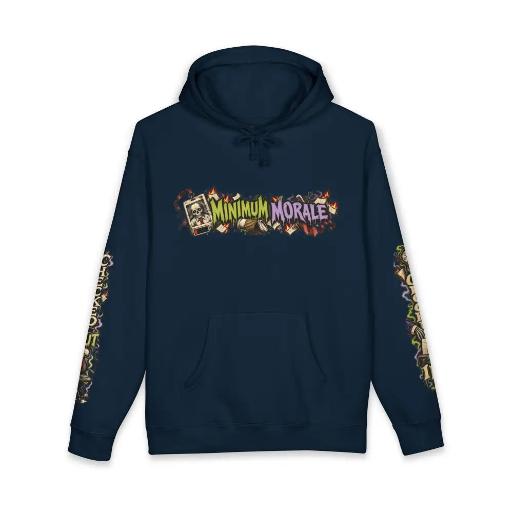 Dark navy blue heavyweight hooded sweatshirt with vibrant minimum morale graphic and matching sleeve designs for dark humor fans