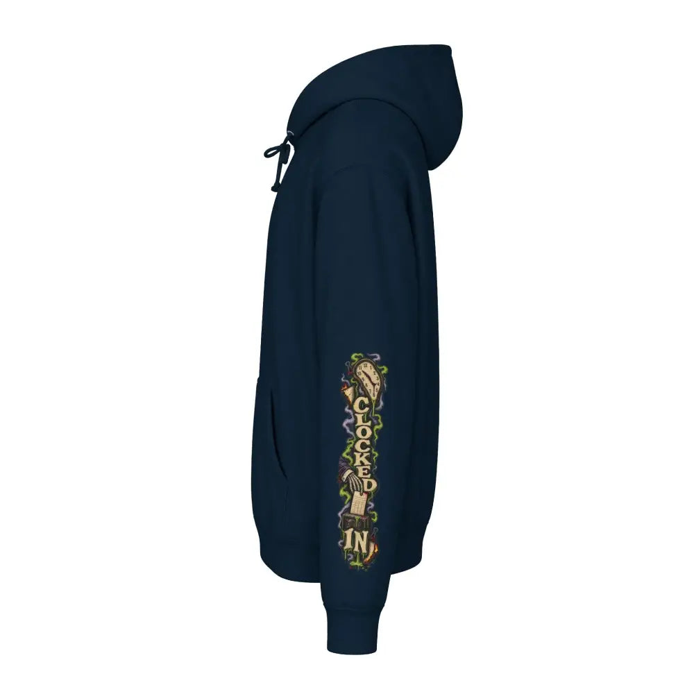 Navy blue heavyweight hooded sweatshirt with dark humor minimum morale clocked in graphic on left sleeve for staff wellness