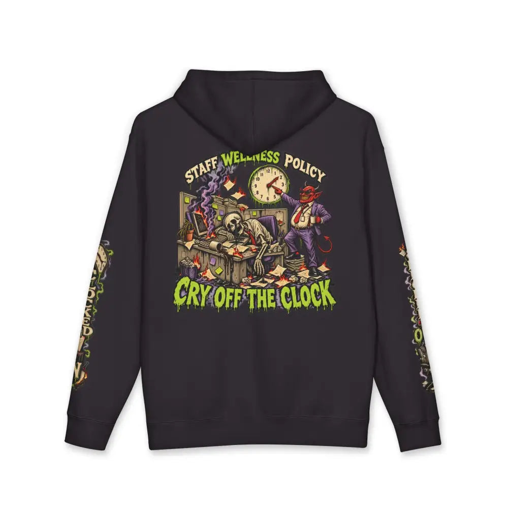 Black heavyweight hooded sweatshirt with dark humor minimum morale skeleton graphic and staff wellness policy text